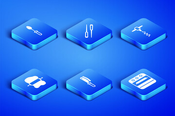 Set Oven, Teaspoon, Meat chopper, Rolling pin dough, Food chopsticks and Wine corkscrew icon. Vector