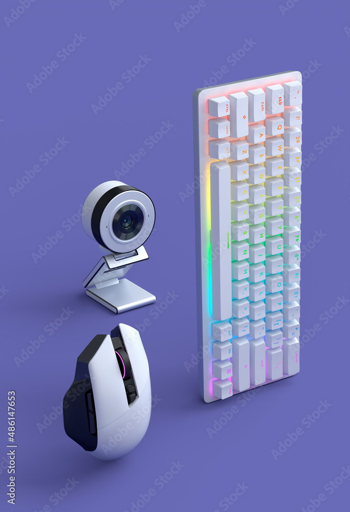 Poster standing gamer gears like mouse, keyboard and web camera