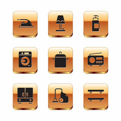 Set Electric iron, Wardrobe, Vacuum cleaner, Cooking pot, Washer, Antibacterial soap, Empty wooden shelves and Table lamp icon. Vector