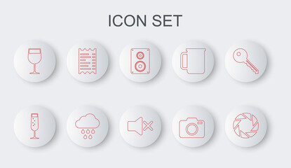 Set line Camera shutter, Glass of champagne, Stereo speaker, Photo camera, Wine glass, Paper or financial check, Cloud with rain and Speaker mute icon. Vector