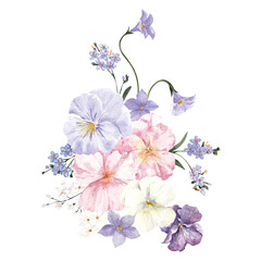 Watercolor spring compositions with flowers, delicate bouquet, isolated on white background