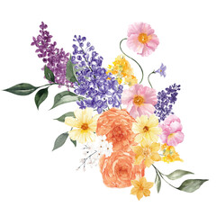 Watercolor spring compositions with flowers, delicate bouquet, isolated on white background