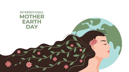 22 april - International Mother Earth Day illustration. Cartoon woman with flowers and leaves on the Earth map background. Save the Earth vector flat design.