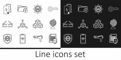 Set line Document protection, Earth globe, UV, Isometric cube, 3D cinema glasses, Power bank, and Download arrow with folder icon. Vector
