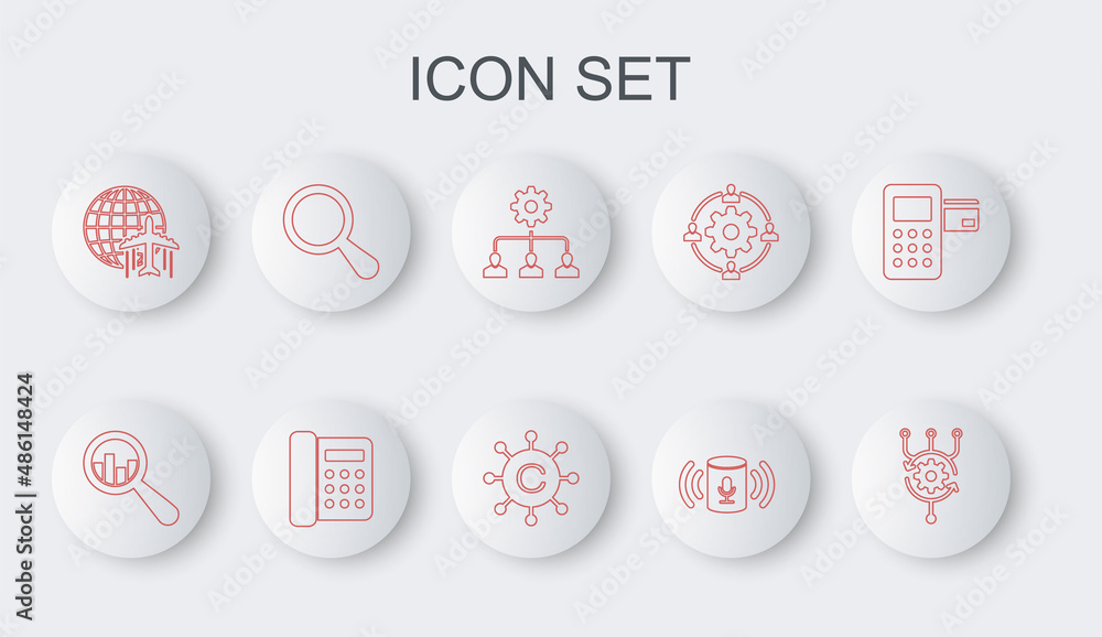 Poster set line algorithm, magnifying glass and analysis, lead management, voice assistant, globe with flyi