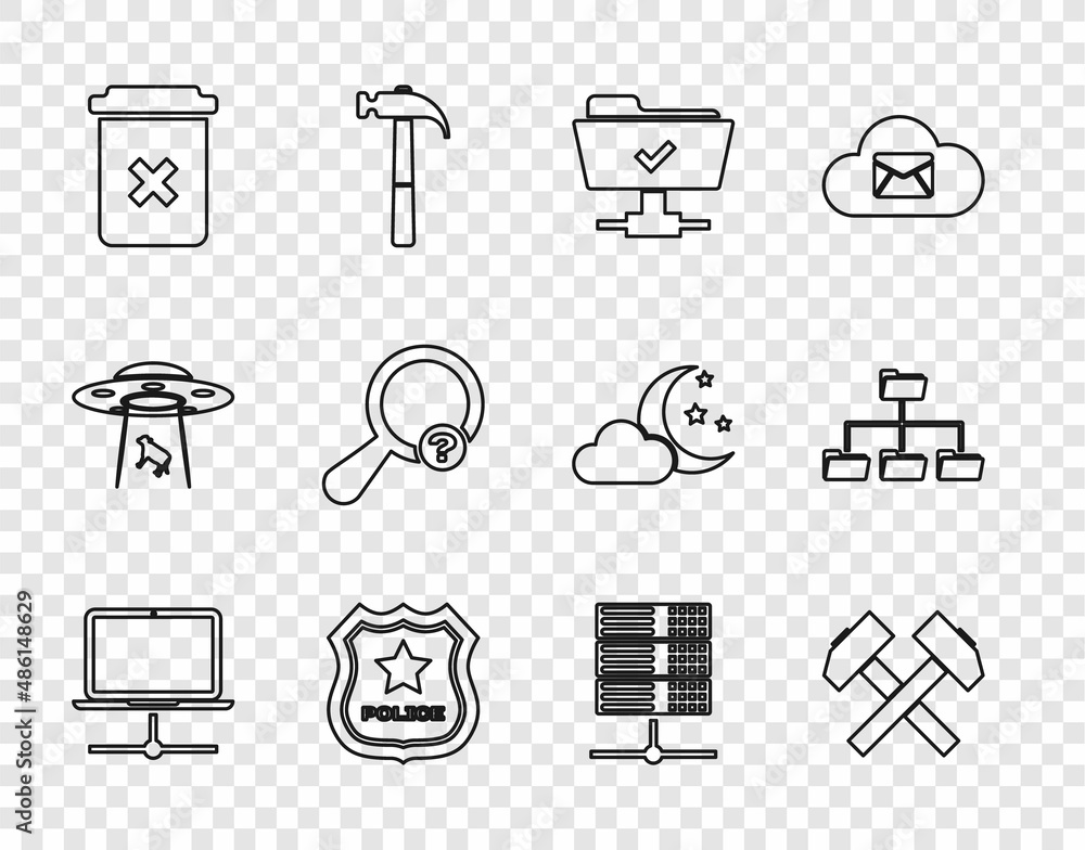 Poster set line computer network, two crossed hammers, ftp operation successful, police badge, trash can, u