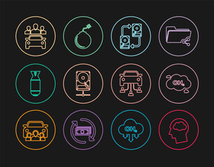 Set line Head silhouette with cloud, Methane emissions reduction, Data exchange hhd, Hard disk drive sharing network, Aviation bomb, Car, and Bomb ready to explode icon. Vector