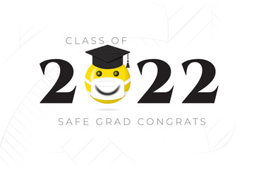 Class of 2022 Numerals Logo with Halftone Smiling Face Protected with Medical Mask and Safe Graduation Congratulations Lettering - Yellow and Black on White Background - Mixed Graphic Design