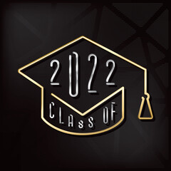 Class of 2022 Logo with Gold and Silver Style Square Academic Graduation Cap Combined with Numerals and Lettering - Metallic on Black Background - Gradient Graphic Design