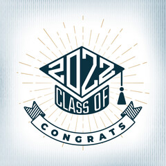 Fototapeta premium Class of 2022 Polygonal Numerals Logo Combined with Square Academic Graduation Cap Shape Sign and Congrats Lettering - Blue and Gold on White Background - Contrast Graphic Design