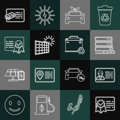 Set line Certificate template, Identification badge, Customer care server, Eco concept drive, Solar energy panel and sun, Financial document and Car battery with recycle icon. Vector