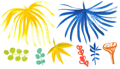 Fototapeta na wymiar Collection of tropical branches and leaves painted in gouache with bright colors with a dry brush isolated on a white background for the design of summer fabrics and other