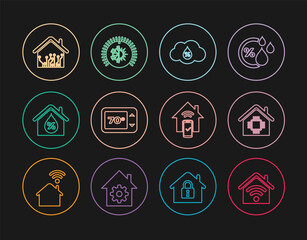 Set line Smart home with wi-fi, Humidity, Thermostat, House humidity, remote control system and icon. Vector