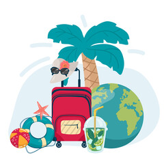 It s Time to Travel. Trip to World. Travel to World. Vacation. Road trip. Tourism. Travel banner. Journey. Travelling illustration. palm suitcase,palm tree with suitcase, planet earth mojito lifebuoy