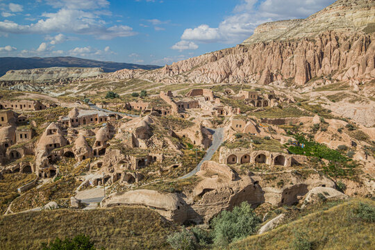 View of Cavusin cave village in Cappadocia, Turkey