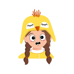 Girl with big eyes and emotions panic, surprised face, shocked eyes in yellow chicken hat. Head of child with scared expression for Easter, New Year or costume for party. Vector flat illustration
