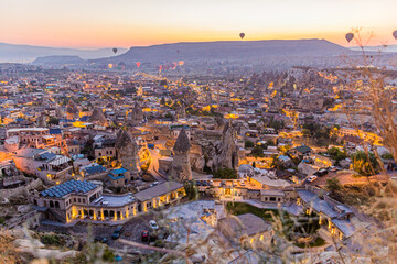 Early morning aerial view of Goreme village in Cappadocia, Turkey