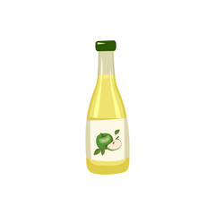 Bottle with apple juice, whole fruit with leaves. Delicious healthy drink and product. Food vector flat illustration