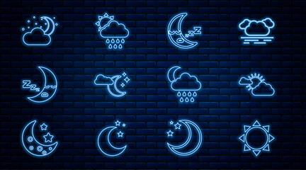 Set line Sun, and cloud weather, Moon icon, Cloud with moon stars, rain and sun icon. Vector © vector_v