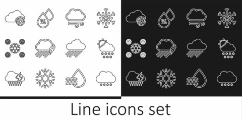 Set line Cloud with snow, and sun, Windy weather, rain lightning, Snow, and Water drop percentage icon. Vector