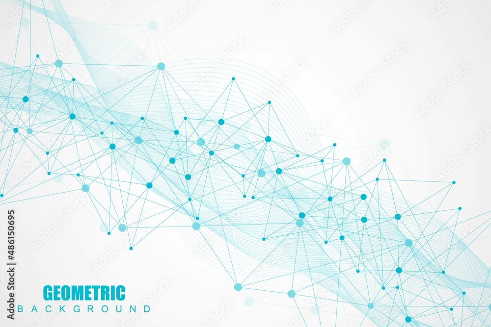 Poster geometric abstract background with connected line and dots. structure molecule and communication. bi