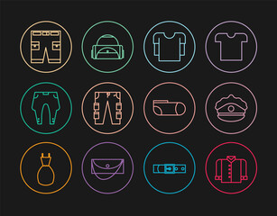 Set line T-shirt, Police cap with cockade, Long sleeve, Cargo pants, Pants, Short or, Sport socks and bag icon. Vector
