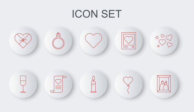 Set line Picture frame, Wine glass, Heart, Balloon form of heart, Candy shaped box, Diamond engagement ring, Envelope with Valentine and Burning candle icon. Vector