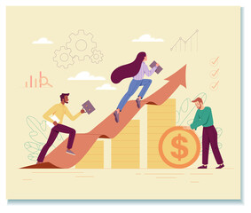 Company growth concept. People go up arrow. Income growth. Graphs, diagrams and charts, analytical department and financial literacy. Money, cash and profit. Cartoon flat vector illustration