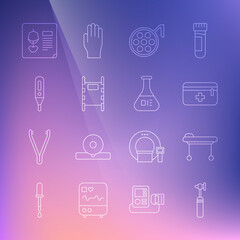 Set line Medical otoscope tool, Stretcher, First aid kit, Surgery lamp, digital thermometer, X-ray shots and Test tube and flask icon. Vector