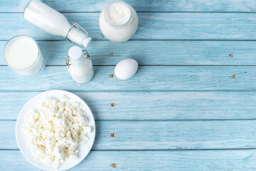 set of dairy products on the table top view