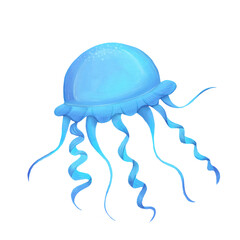 cartoon blue oval sea jellyfish with lace and wavy tentacles on a white background, animals, ocean , children,underwater,transparent creatures