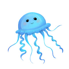 cartoon blue oval sea jellyfish with lace with small eyes , smiling on a white background, animals, sea, ocean,tentacles , baby,underwater,transparent creatures