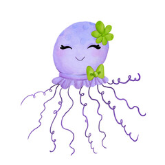 cartoon purple jellyfish round with a green bow and a flower ,smiling on a white background, animals,  ocean,tentacles , underwater,transparent creatures,baby