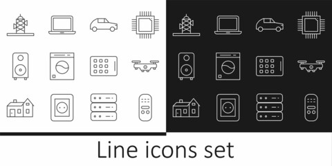 Set line Remote control, Drone flying, Car, Washer, Stereo speaker, Antenna, Graphic tablet and Laptop icon. Vector