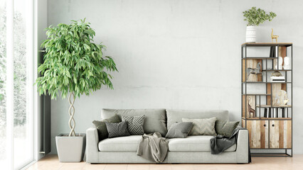 Modern stylish interior of the living room, a room with a wooden floor and a large window. 3D rendering
