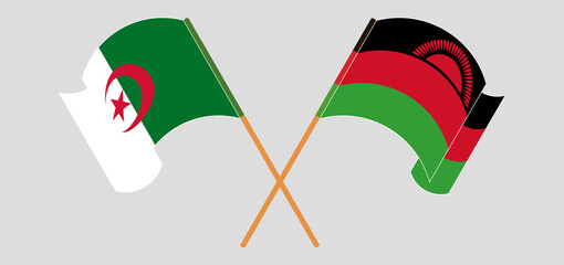 Crossed and waving flags of Algeria and Malawi