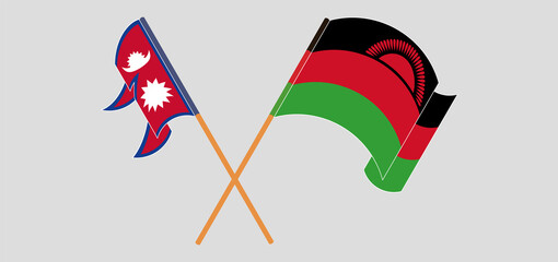 Crossed and waving flags of Nepal and Malawi