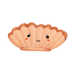 cartoon sea and sand oval long orange shells with a cute face and small eyes on a white background, ocean, nature, scallop