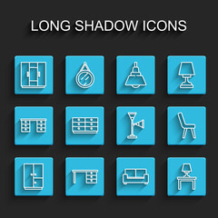 Set line Wardrobe, Office desk, Sofa, Table lamp on table, Chest drawers, Armchair and Floor icon. Vector