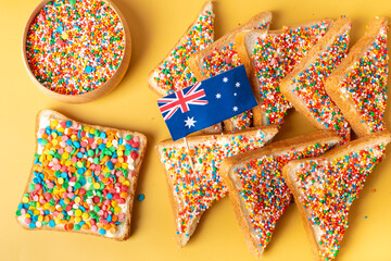 Fairy bread with butter knife, side view. The famous traditional Australian food Fairy Bread on a...