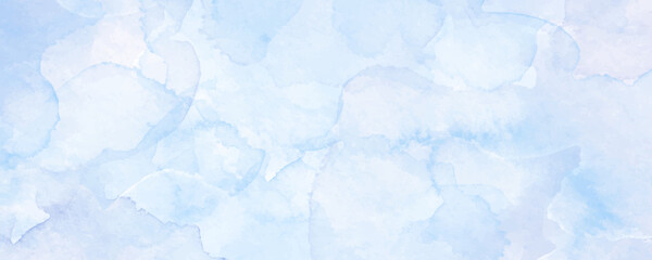 Vector watercolor art background with white clouds and blue sky. Hand drawn vector texture. Heaven. Pastel color watercolour banner. Template for flyers, cards, poster, cover.