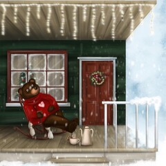 Cozy terrace at home with a rocking chair, a blanket and a bear. Hand drawn illustration for book, postcard, poster.
