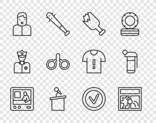 Set line Television report, Broken window, bottle as weapon, Stage stand tribune, Censor freedom of speech, Handcuffs, Check mark round and grenade icon. Vector