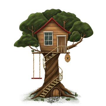 Magic treehouse with the spiral staircase, the swing and the beehive.Hand drawn illustration for book, postcard, poster.