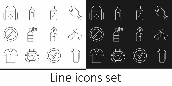 Set line Hand grenade, Police car flasher, Pepper spray, Air horn, Ban, First aid kit, Cocktail molotov and Paint can icon. Vector