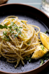 Bucatini Pasta with Arugula, Lemon, & Parmesan