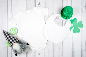 Baby romper onesie and bib product mockup. St Patrick's Day farmhouse theme SVG craft product...