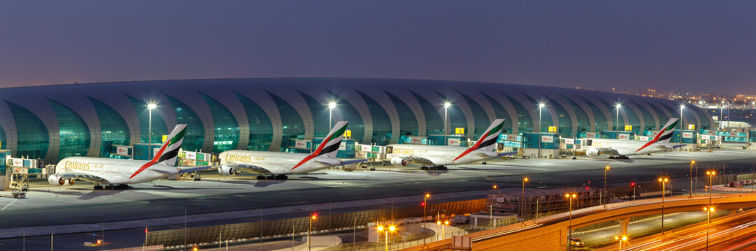 Emirates Airbus A380 airplanes Dubai airport in the United Arab Emirates