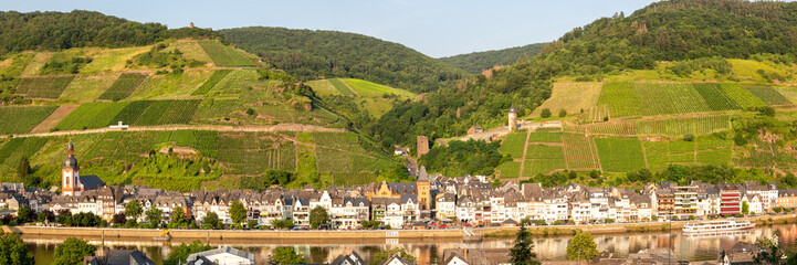 Naklejka premium Zell an der Mosel town at Moselle river with vineyards wine panorama in Germany
