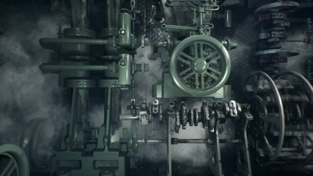 Smoky and sparkling vintage mechanisms and machines in an ancient old factory. The concept of steampunk mechanisms. The animation is perfect for vintage, fantasy and technology backgrounds.